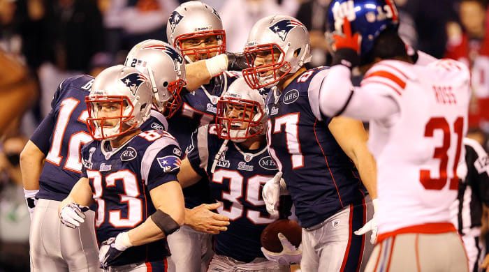Danny Woodhead (39) celebrates his four-yard touchdown in Super Bowl XLVI against the Giants. Woodhead caught four passes for 42 yards, including that touchdown, but New England lost to New York 21-17.